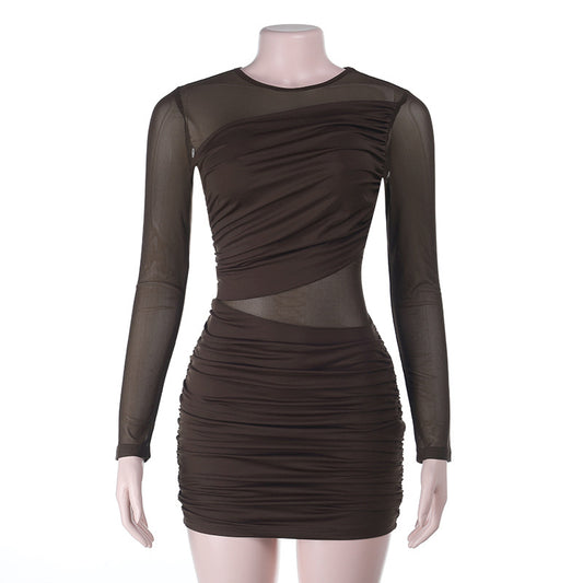 Perspective mesh splicing pleated high waisted long sleeved dress with wrapped buttocks